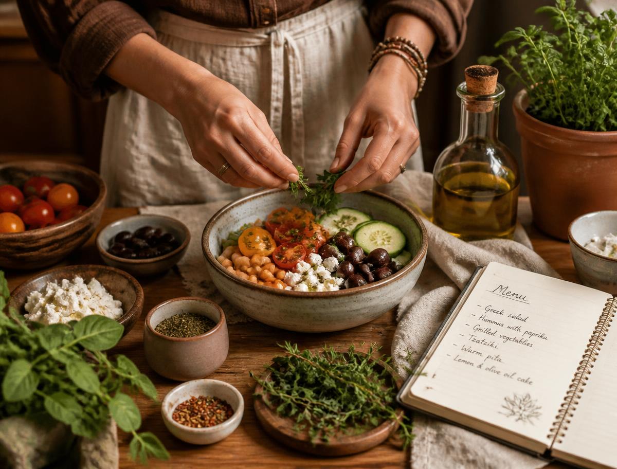 Préparation d’un repas méditerranéen sur une table en bois, avec carnet de menus