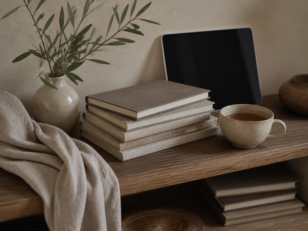 Pile de carnets en lin, tablette et tasse de thé sur une étagère en bois