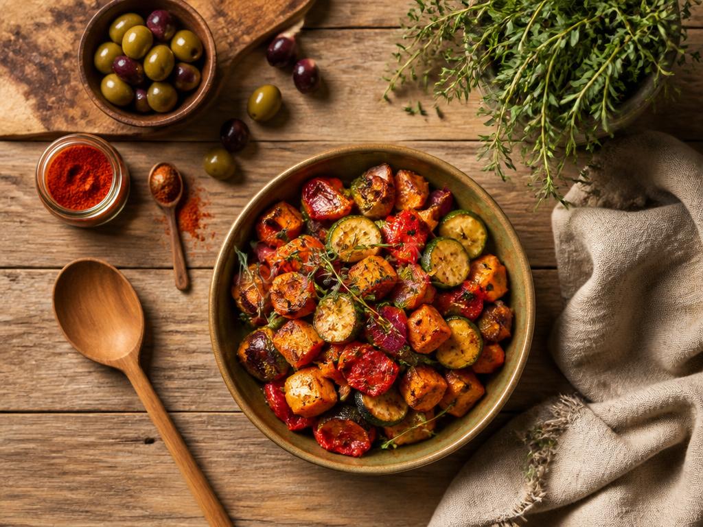 Bol coloré de légumes rôtis, olives et paprika sur une table en bois