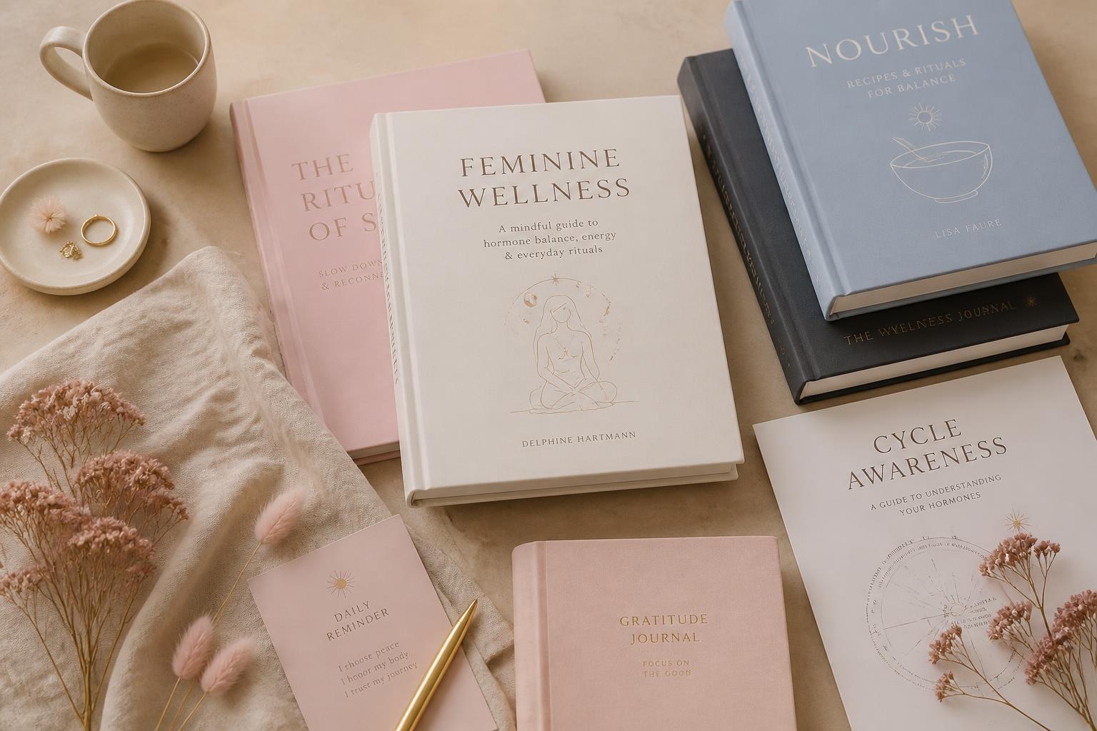 Bibliothèque éditoriale féminine : guides et e-books aux tons beige, rose poudré et bleu ciel