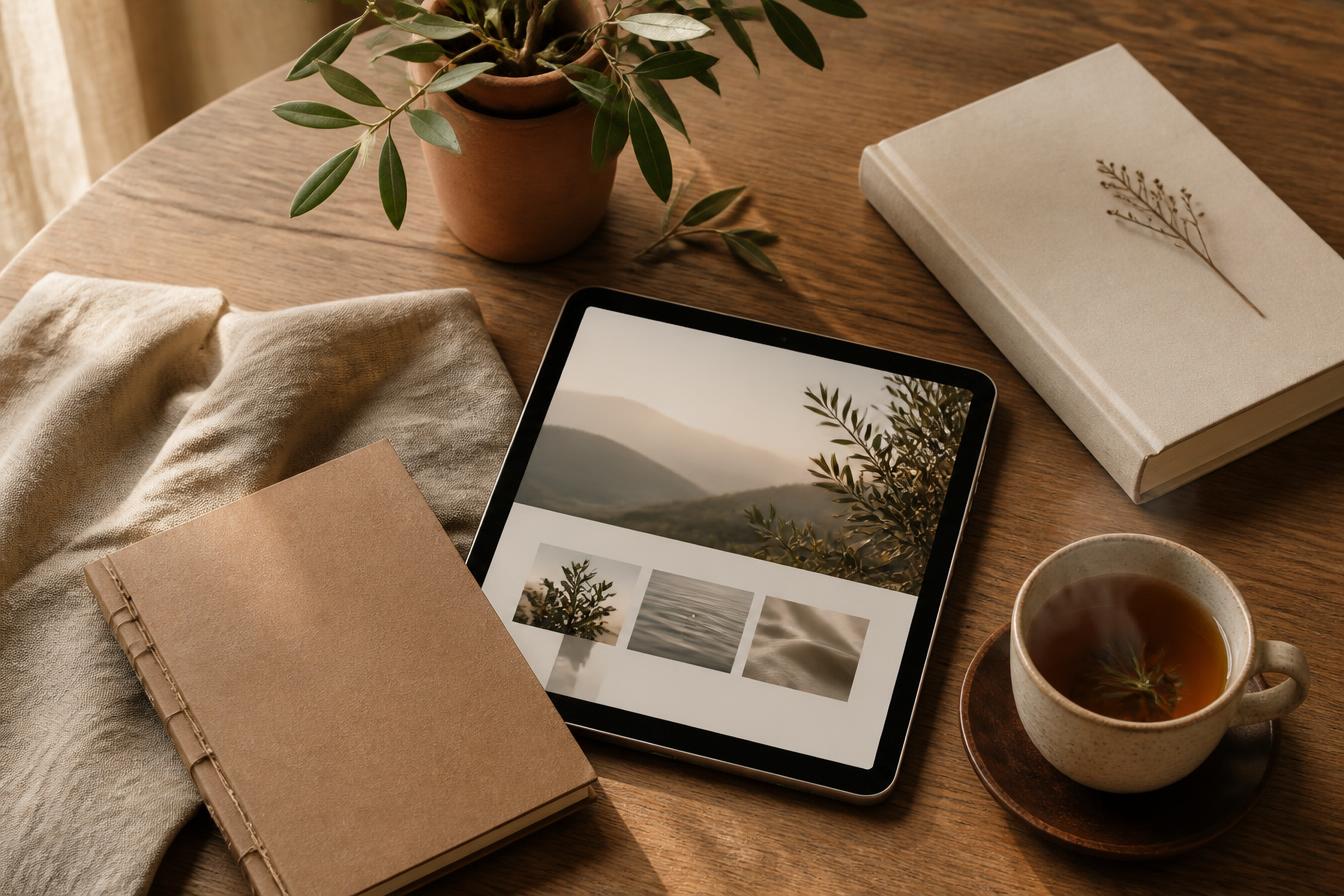 Espace chaleureux avec carnets, céramique, tisane et tablette sur une table en bois