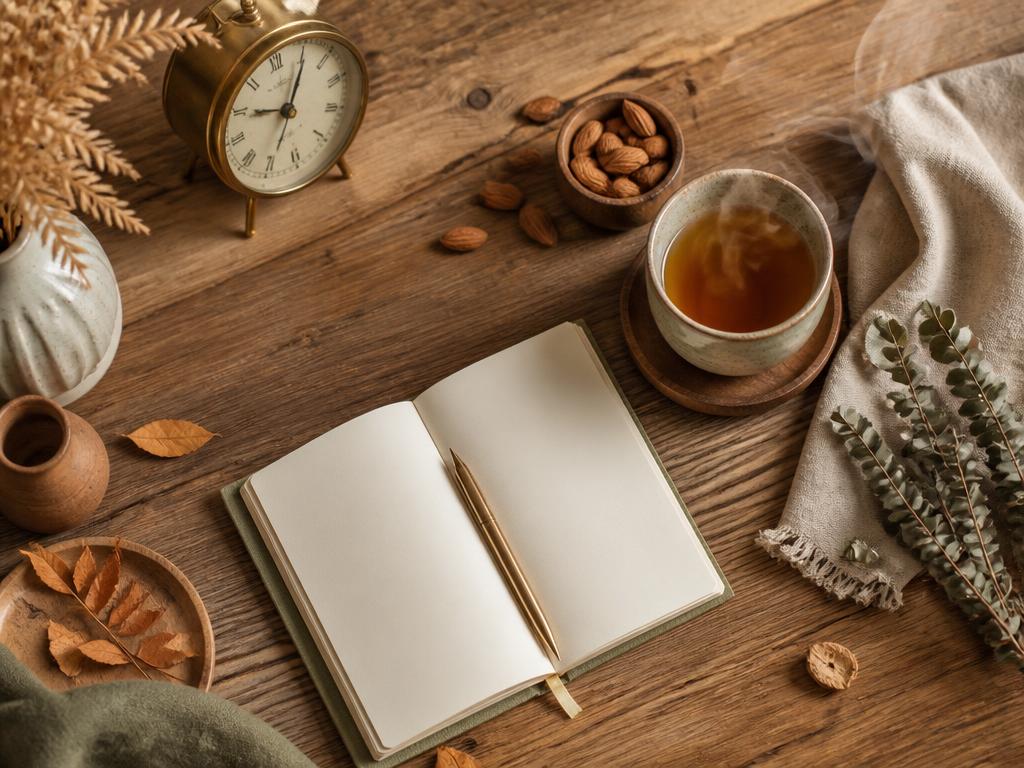 Carnet ouvert, tisane, horloge et amandes sur une table en bois chaleureuse