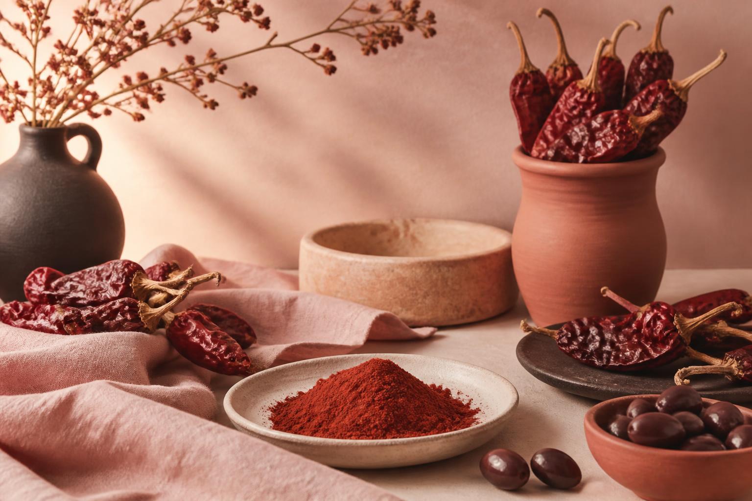 Nature morte méditerranéenne : paprika hongrois, terre cuite et lin aux tons beige et rose poudré