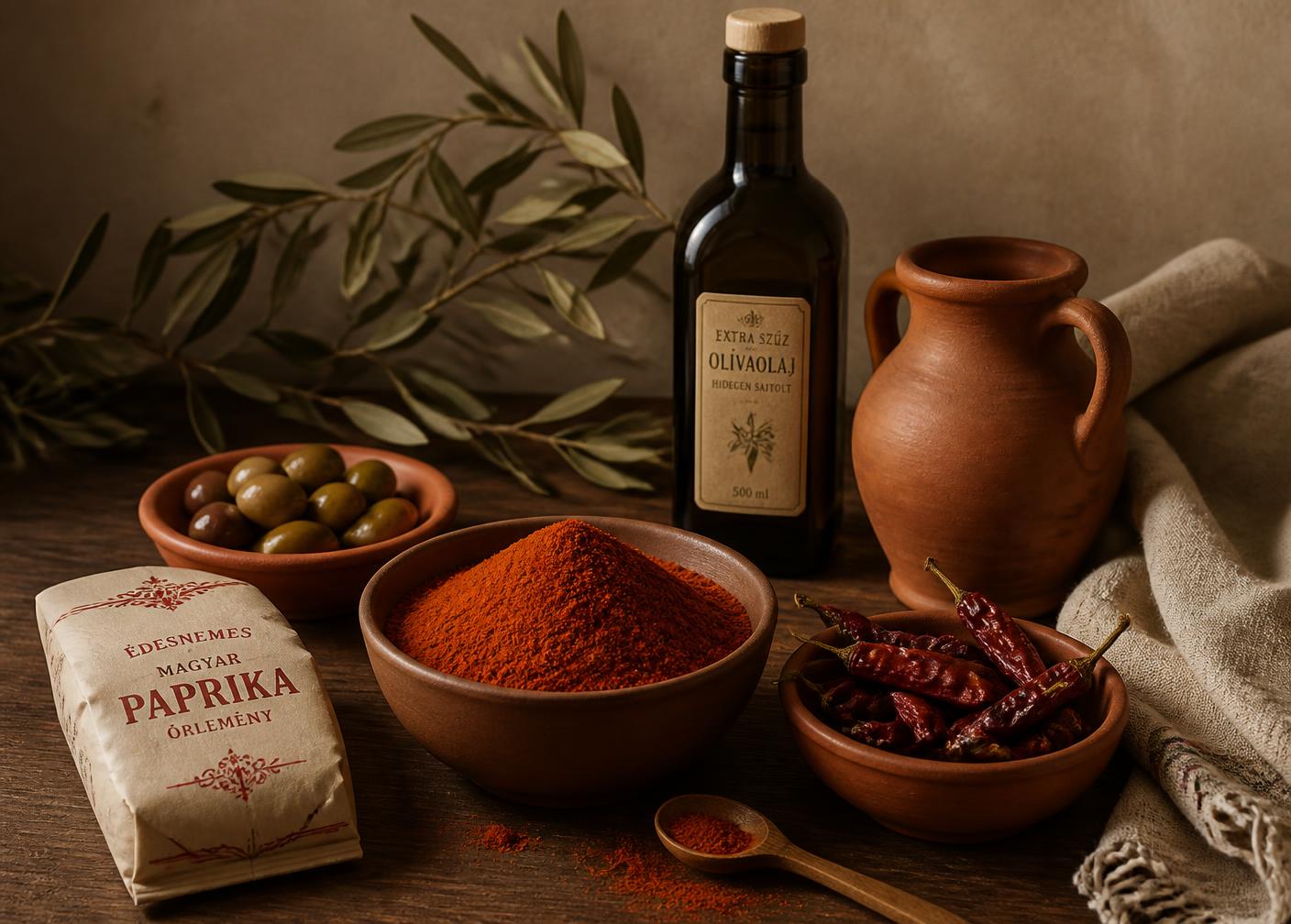Nature morte méditerranéenne : paprika hongrois, huile d'olive, céramique terre cuite et lin sur bois de noyer